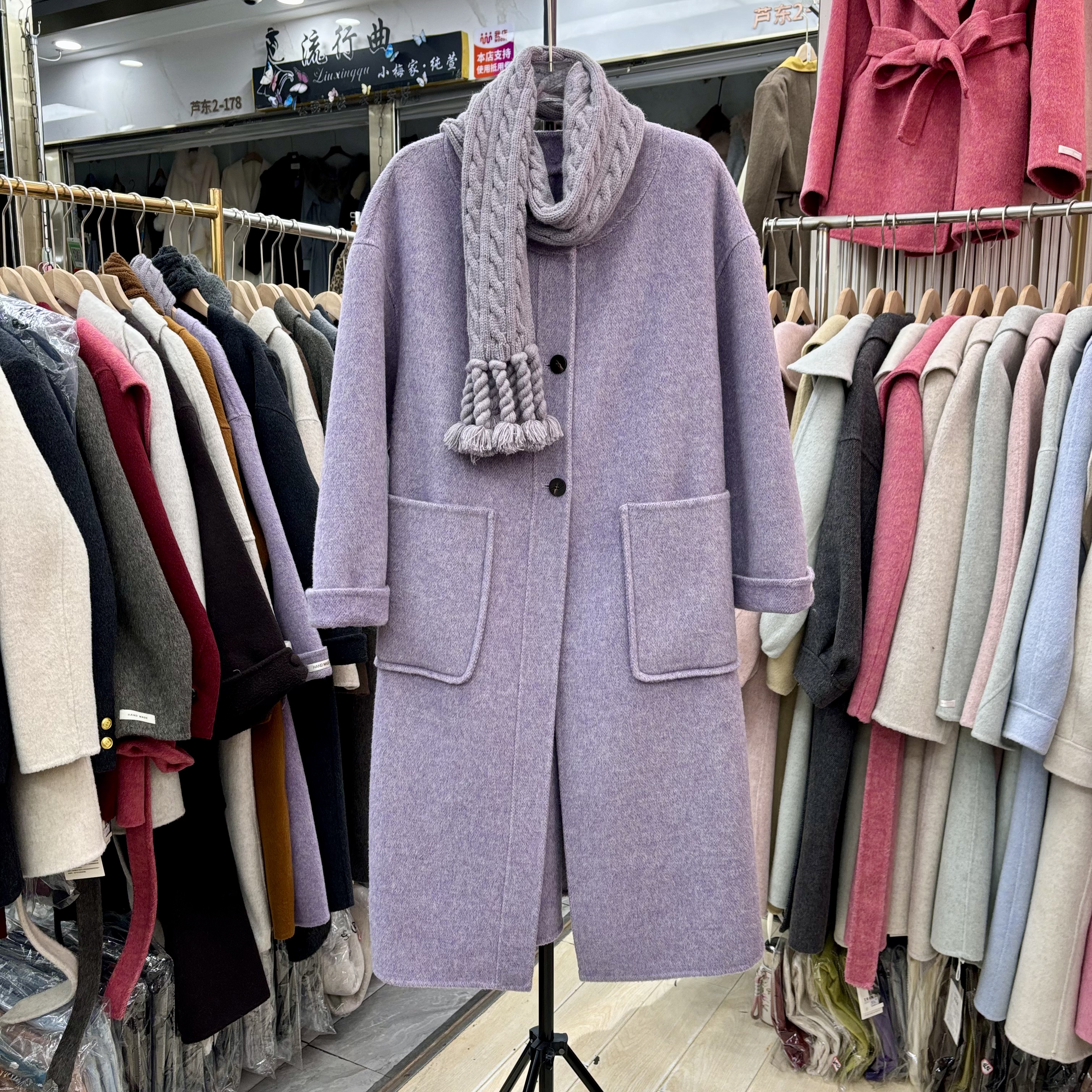 韩国东大门双面羊绒毛呢大衣外套女中长款带围巾廓版氛围感25冬季