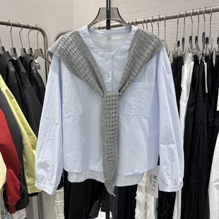 女上衣送针织披肩A08 圆领单排扣设计感小众衬衫 欧货2026春装 新款