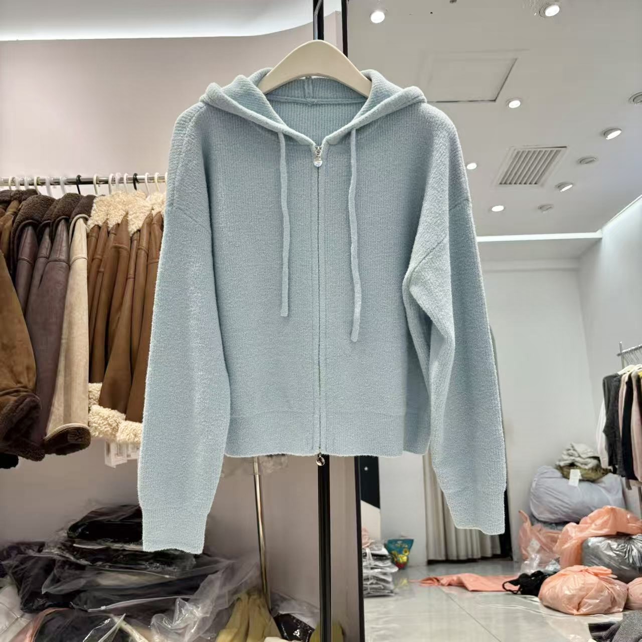 休闲简约连帽抽绳针织衫女2025慵懒风宽松通勤小个子毛衣外套6705