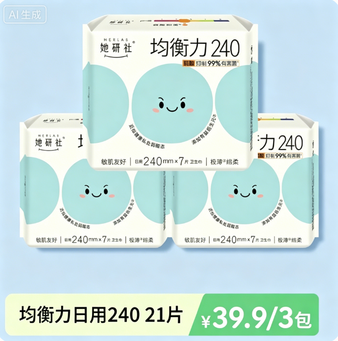 她研社均衡力超薄柔软卫生巾姨妈巾超透气日用240mm 3包
