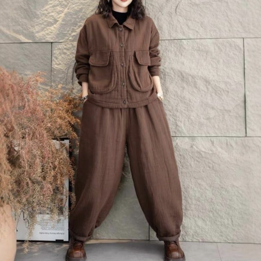 2024冬季新款 复古夹棉外套女个性大口袋加厚棉服棉裤套装
