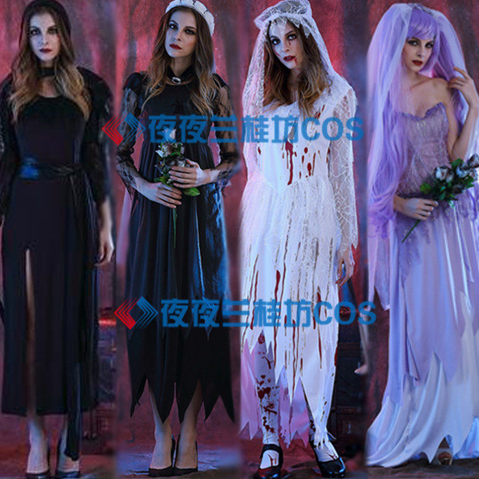 欧美万圣节角色扮演恶魔女鬼黑色婚纱新娘骷髅COSPALY派对演出服