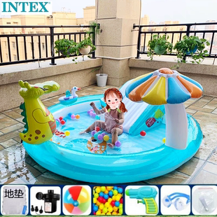 intex小宝宝充气鳄鱼滑梯喷水池阳台花园0 正品 6岁幼儿遮阳游泳池
