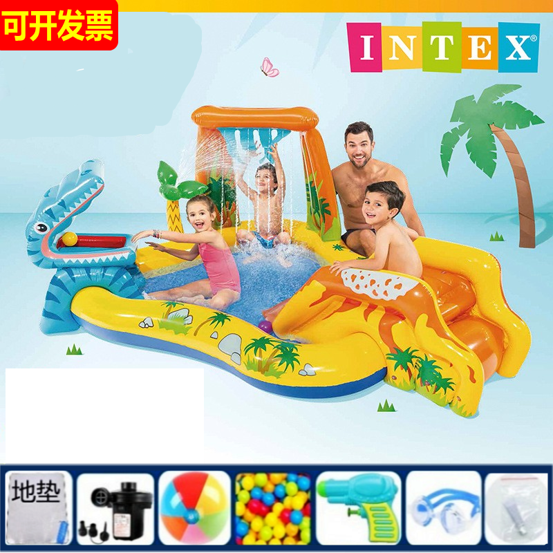 intex正品加厚幼儿园充气恐龙滑梯游泳池0-3-6岁宝宝冲气喷水城堡
