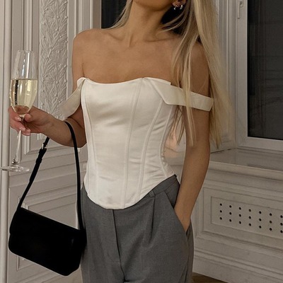 欧美原版缎面一字肩吊带背心抹胸两穿鱼骨胸衣上衣法式高级感御姐