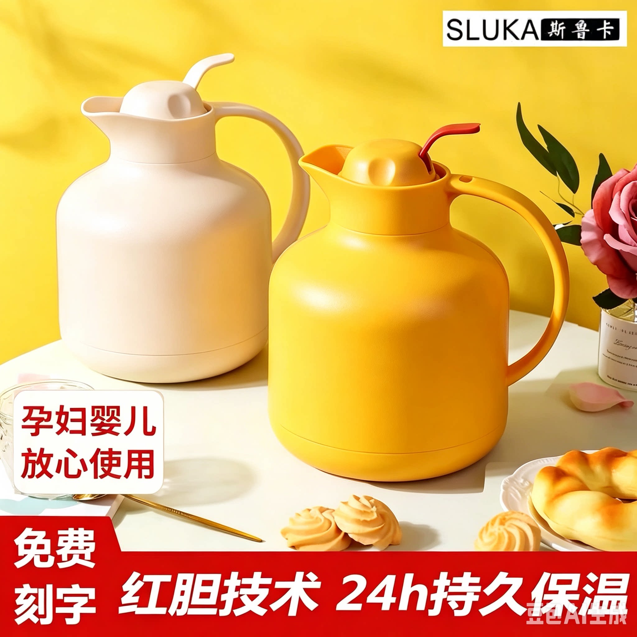 斯鲁卡玻璃红胆保温壶家用高颜值真空玻璃内胆暖水瓶礼品学生宿舍