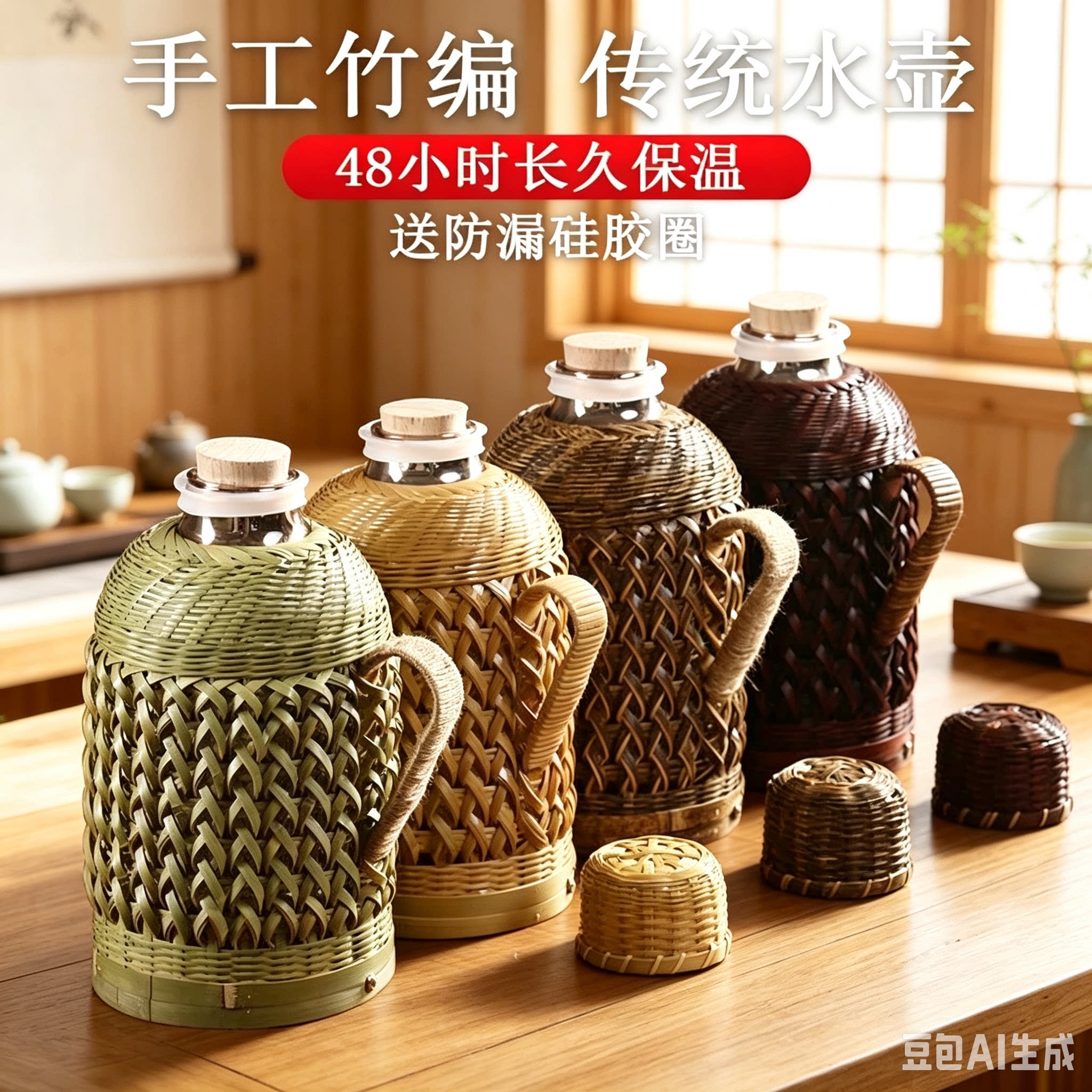 竹编热水瓶家用手工传统紫竹编花中式复古茶室餐厅大容量保温暖壶