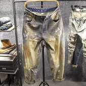 三古木棉 子男春秋 男直筒宽松做旧哈伦脏脏裤 大码 泼墨机车牛仔裤