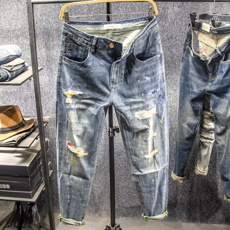 泼墨补丁破洞设计九分显腿长