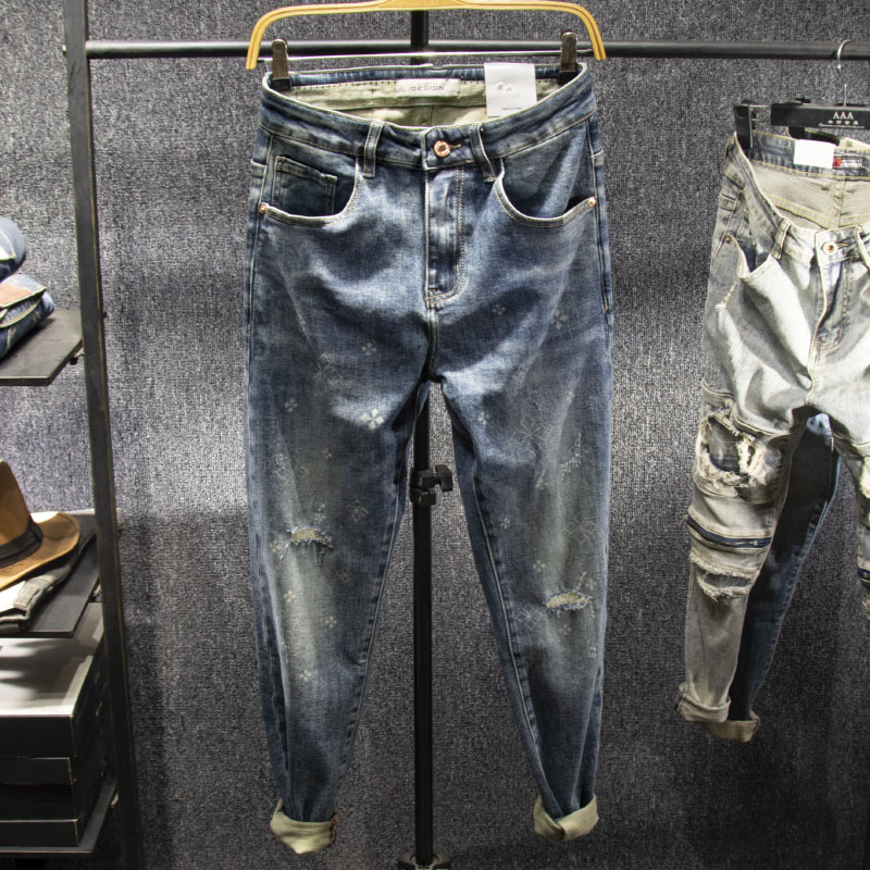 三古木棉 春秋韩版复古印花破洞牛仔裤男修身小脚补丁裤子男潮流