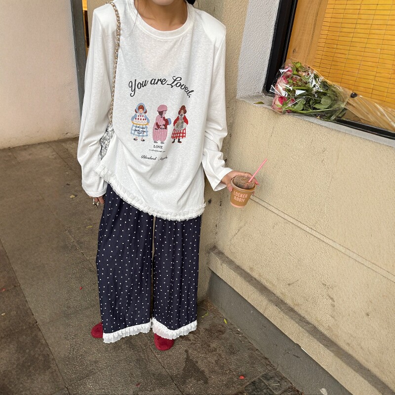 卡通印花拼接蕾丝长袖T恤上衣女