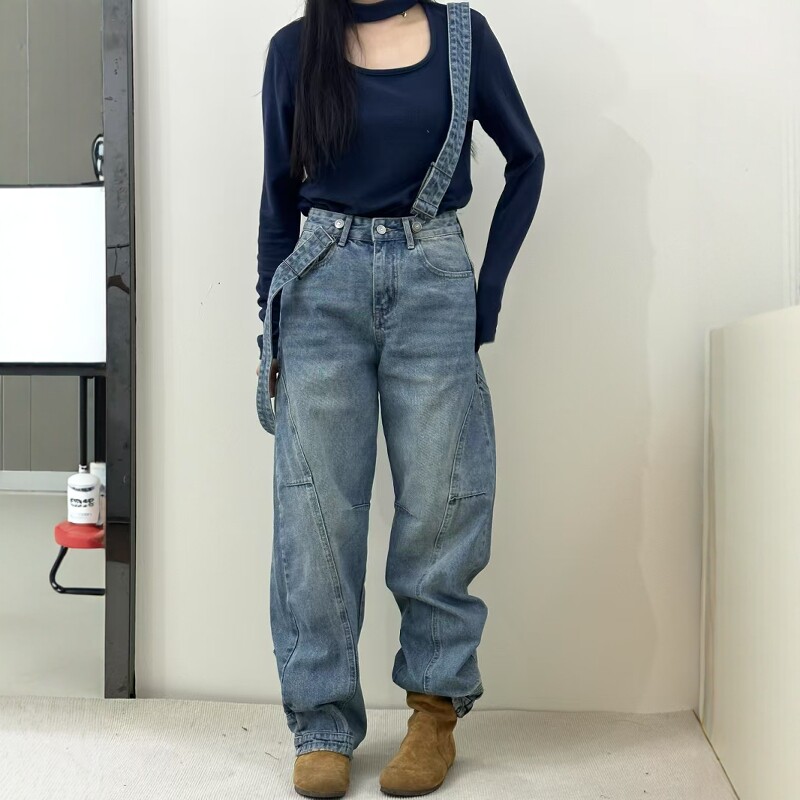 2025春季背带牛仔裤长裤女