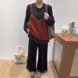 欧洲站秋款圆领蕾丝长袖上衣+V领针织吊带背心叠穿马甲两件套装女