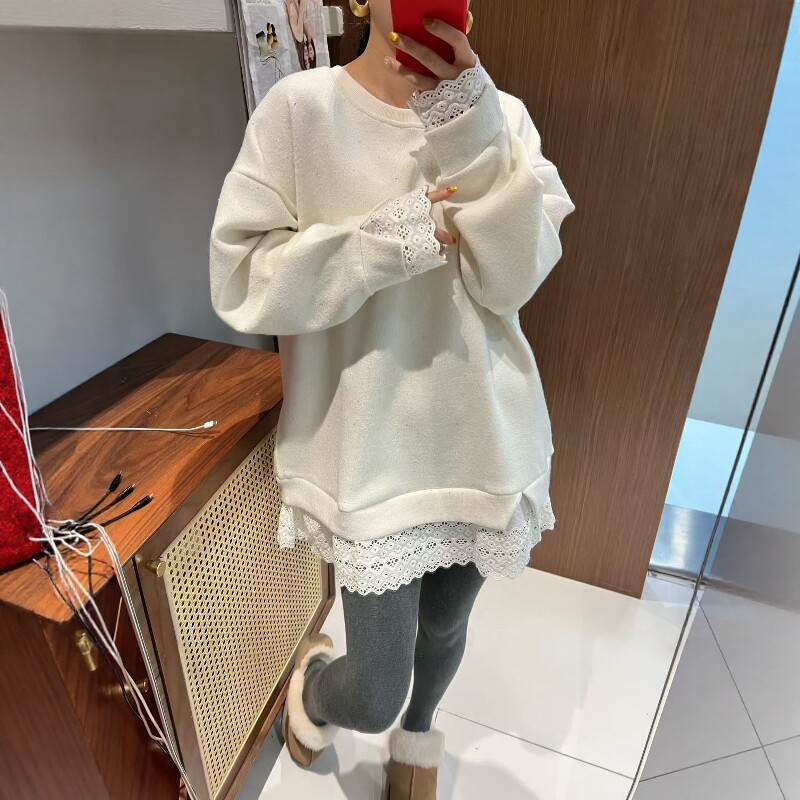 拼接蕾丝下摆亮片中长款卫衣女