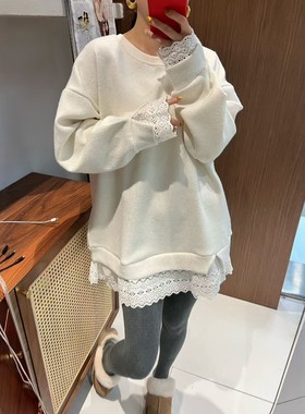拼接蕾丝下摆亮片中长款卫衣女