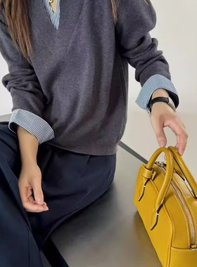 2025新款套头现代简约风直筒翻领拼条纹衬衣假两件套女士针织衫