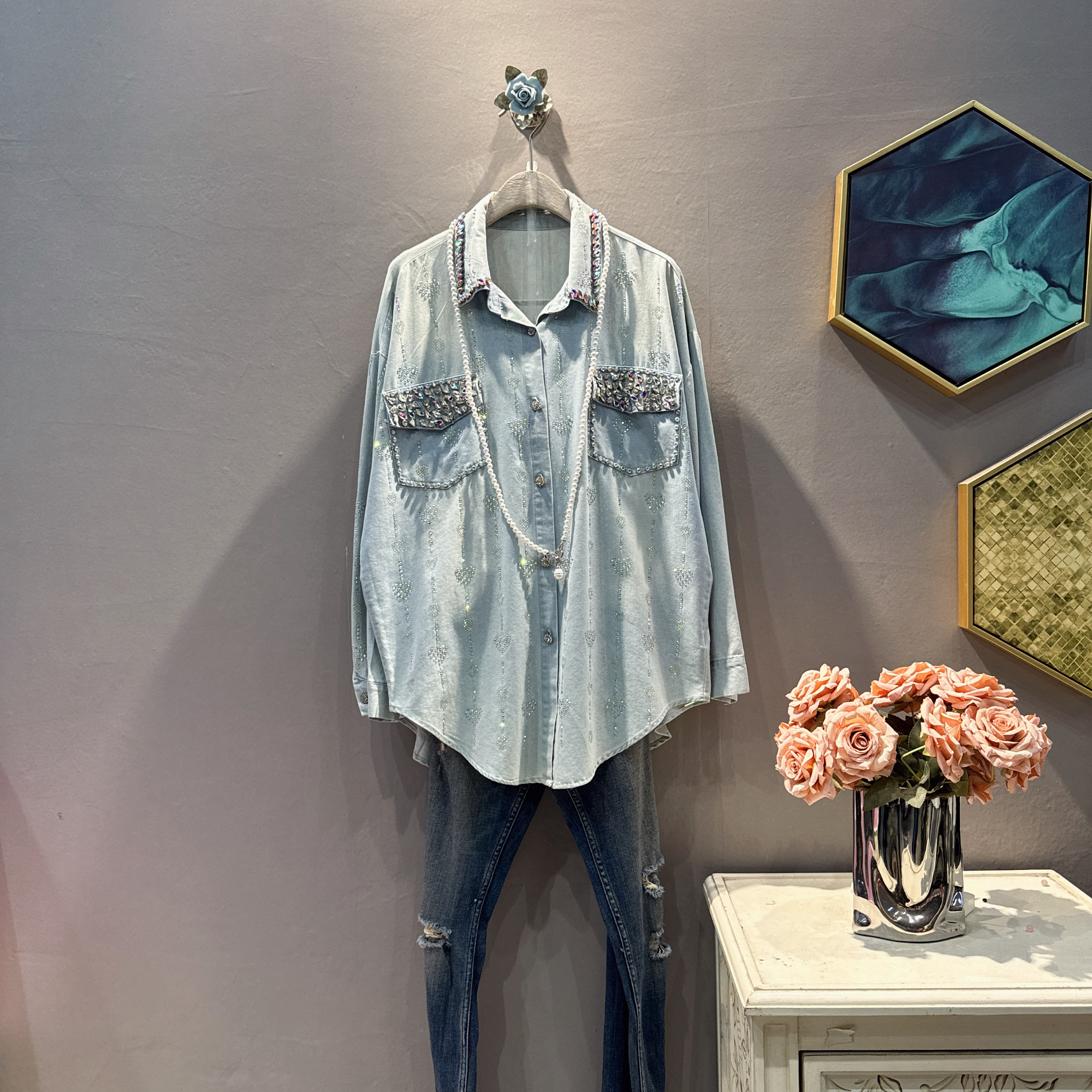 2025年春季新款水滴钻牛仔衬衫外套