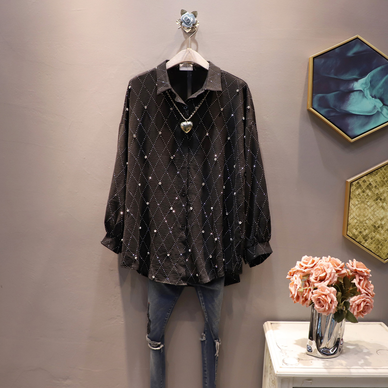 翻领烫钻菱形长袖时尚衬衫