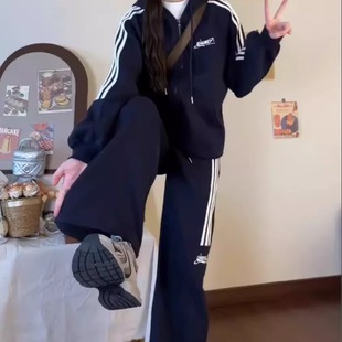 大码胖MM韩系简约春秋款女装拼接洋气休闲小众宽松运动服两件套潮