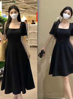 大码复古赫本风小黑裙法式方领连衣裙夏季胖MM遮肉显瘦裙子240斤
