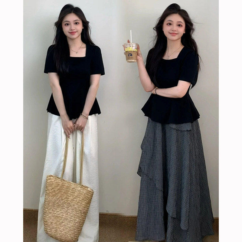 大码胖mm黑色方领短袖T恤女2026夏季新款法式荷叶边正肩遮肚上衣