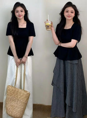 大码胖mm黑色方领短袖T恤女2026夏季新款法式荷叶边正肩遮肚上衣