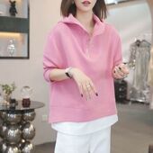 新款 大码 胖mm假两件连帽卫衣女春秋季 宽松显瘦遮肉百搭上衣外套潮