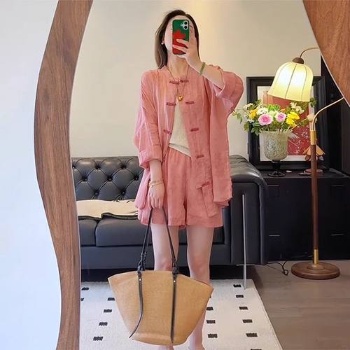 大码气质休闲韩系简约胖MM夏中式新款国风盘扣宽松衬衫短裤两件套