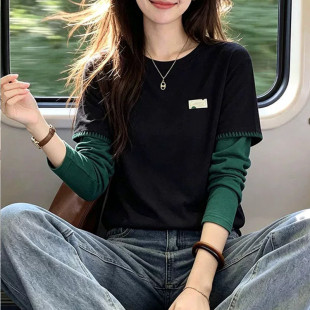 撞色假两件长袖T恤超火小众大码胖mm宽松显瘦上衣女春秋季打底衫