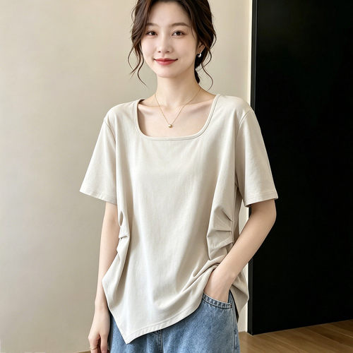 纯欲风方领正肩短袖T恤女胖MM大码夏季显瘦不规则设计感小众上衣