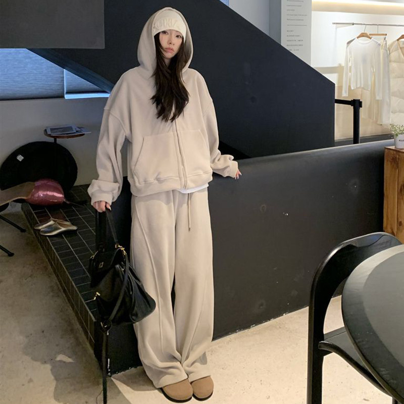 大码胖MM盐系休闲运动套装女春秋季2-300斤连帽卫衣+卫裤两件套潮