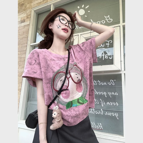 大码胖mm韩系休闲扎染印花短袖t恤女夏季宽松显瘦遮肉上衣潮300斤