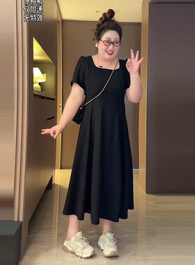 大码赫本风方领连衣裙女夏季胖mm显瘦梨型身材a字大摆长裙子240斤