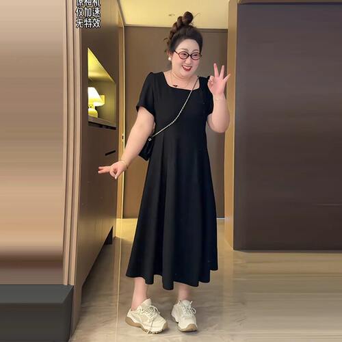大码赫本风方领连衣裙女夏季胖mm显瘦梨型身材a字大摆长裙子240斤