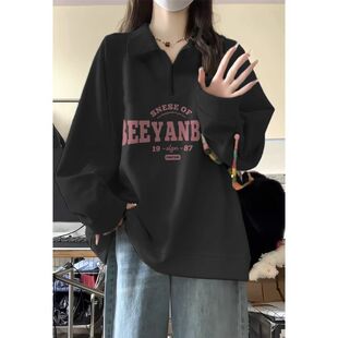 大码美式Polo领卫衣女春秋新款胖MM宽松显瘦半拉链长袖上衣300斤