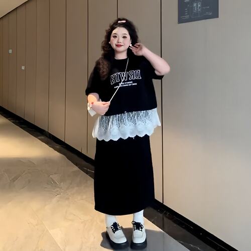 大码蕾丝拼接上衣+半身裙两件套女夏季胖mm显瘦减龄遮肉时尚套装
