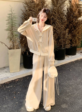 胖mm大码超火穿搭假两件国风卫衣套装裤女秋冬季新款阔腿裤两件套