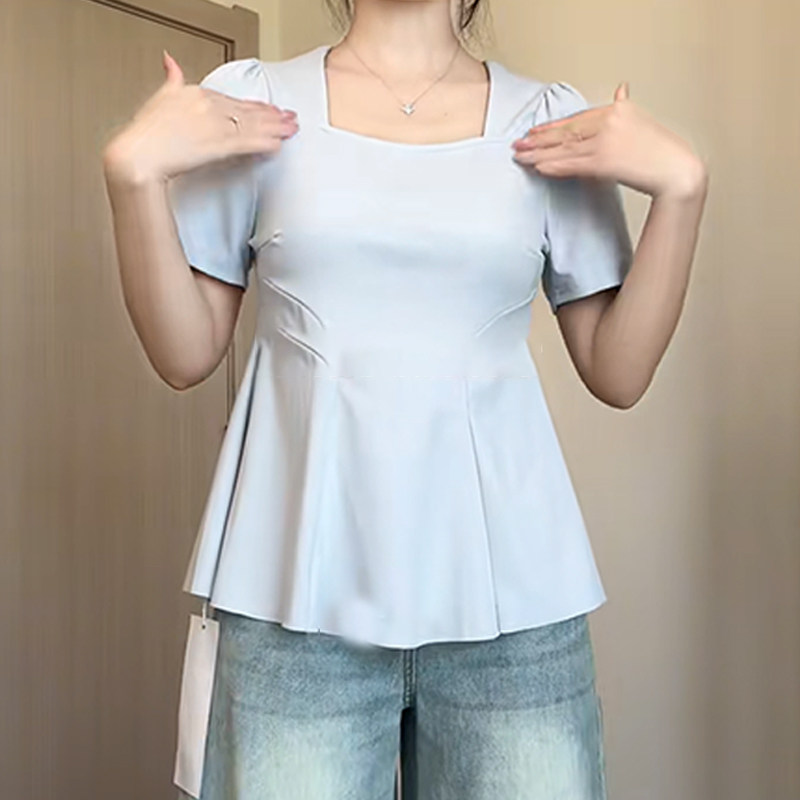 大码荷叶边遮肚子短袖T恤女夏季胖mm显瘦收腰设计感方领上衣240斤