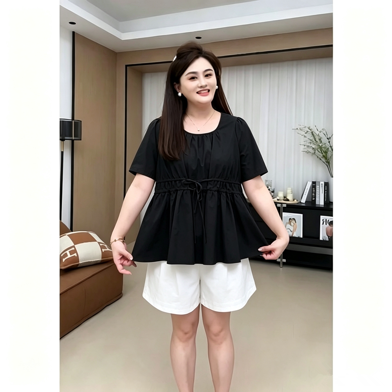 设计感荷叶边遮肚子孕妇上衣夏季胖MM大码宽松短袖T恤衬衫2-300斤