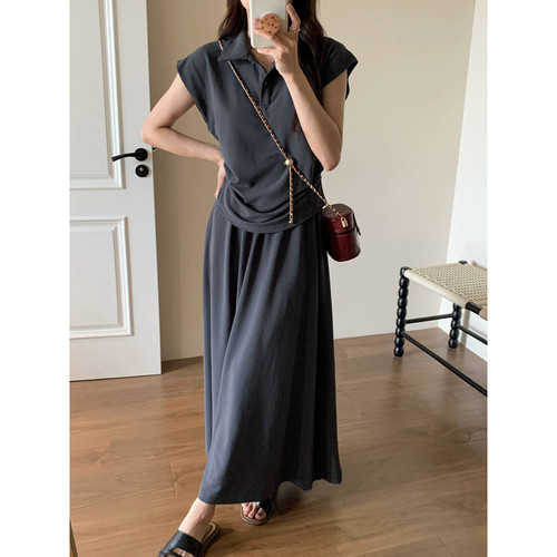 韩系简约POLO领短袖半身裙两件套女胖mm大码夏季显瘦休闲时尚套装
