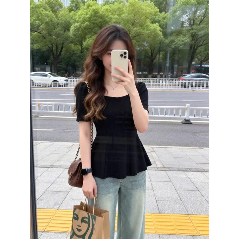 大码韩系休闲方领短袖t恤女夏季正肩胖MM遮肚子显瘦收腰上衣240斤图片