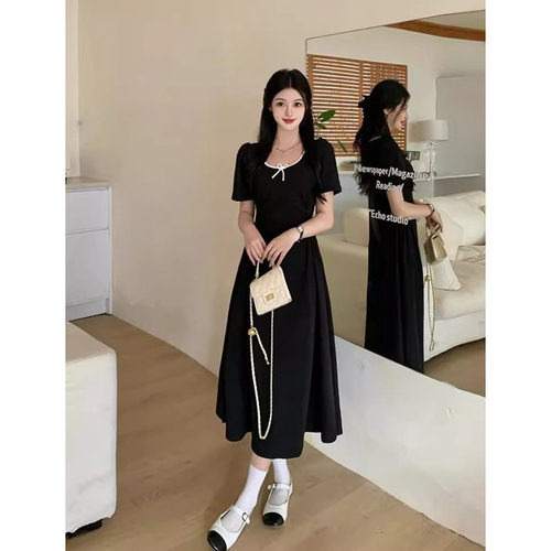 大码微胖mm气质减龄U领收腰小黑裙女夏季法式甜美显瘦遮肉连衣裙