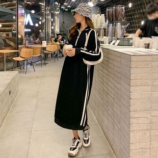大码时尚设计拼色卫衣裙女秋冬季新款胖mm宽松显瘦遮肉休闲连衣裙