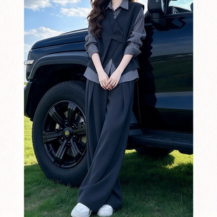 秋冬穿搭一整套马甲条纹衬衫阔腿裤三件套女胖MM大码休闲时尚套装