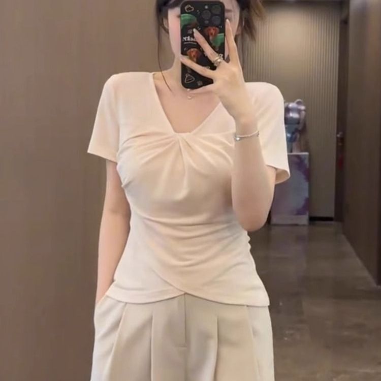 大码纯欲设计V领交叉褶皱短袖t恤