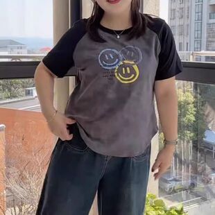 T恤女夏季 大码 微胖MM时尚 扎染短袖 遮肚撞色上衣潮 显瘦胖人打底衫