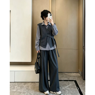 三件套装女款胖mm大码春秋高级感马甲衬衫阔腿裤韩系穿搭一整套装