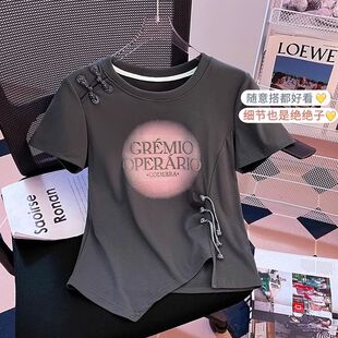 大码 新中式 新款 t恤女夏季 胖MM不规则宽松百搭洋气上衣潮 国风短袖