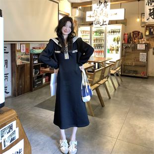大码海军领遮肉显瘦连衣裙女春秋季新款学院风胖mm宽松长款卫衣裙