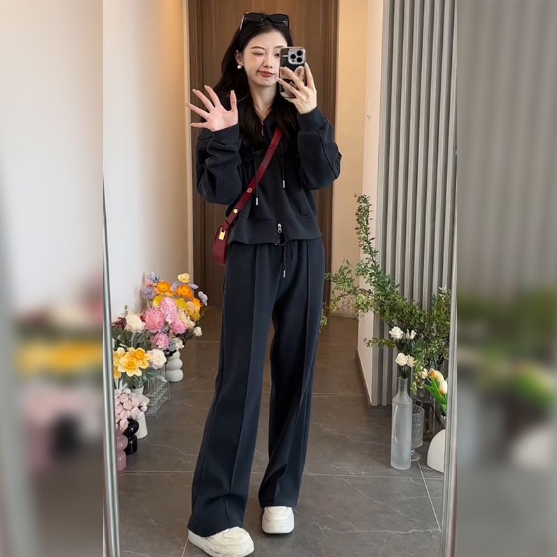 大码韩系时尚简约拼接胖MM高级连帽新款春秋款洋气休闲运动两件套